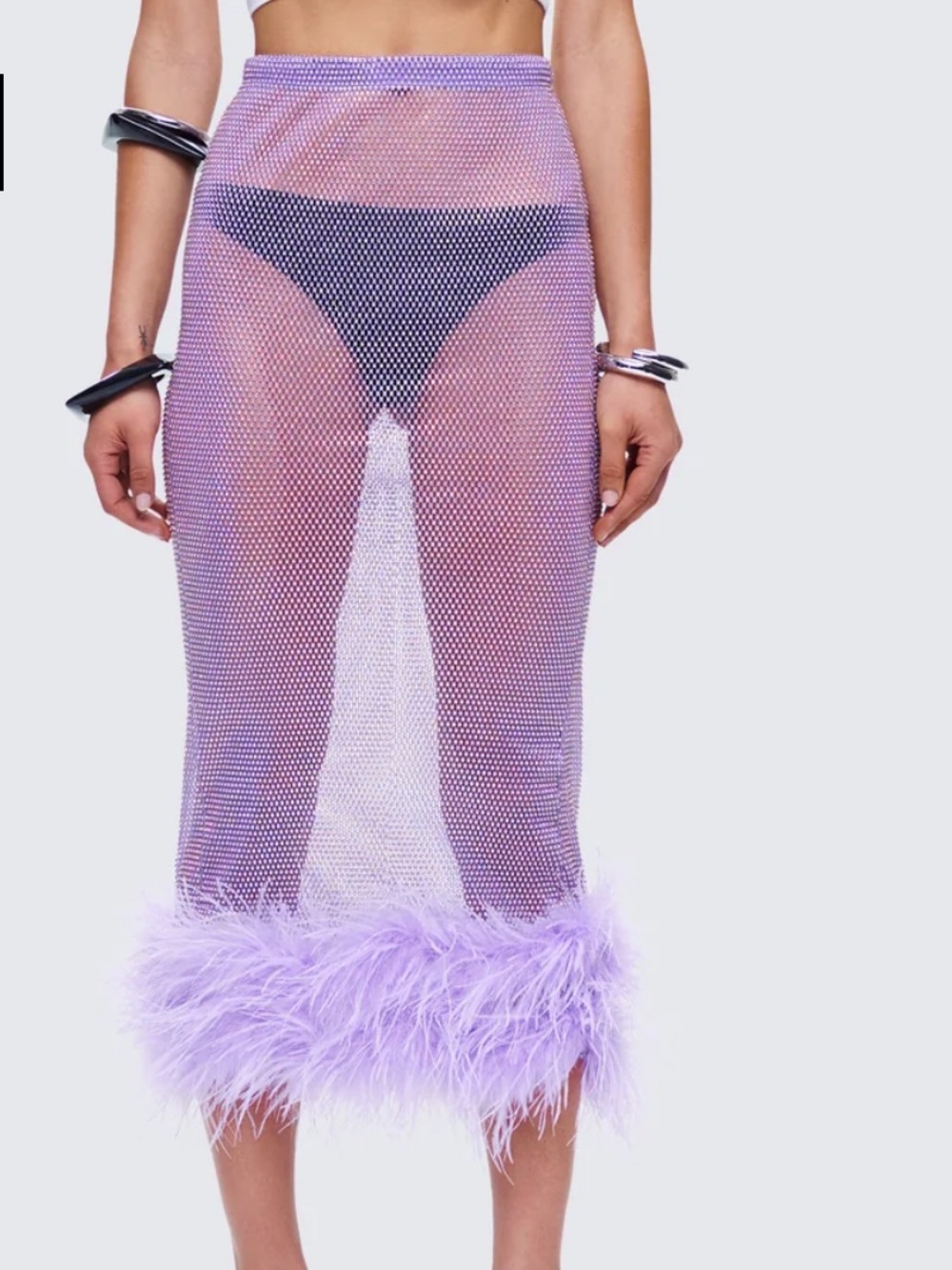 Finesse Lavender Feather-Trim Sequin Pencil Skirt
